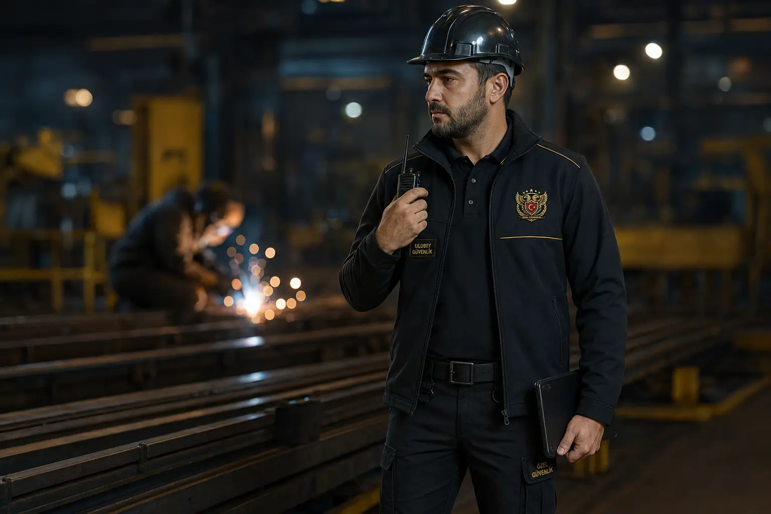 Sanayi tesisi ve fabrika güvenlik görevlisi devriye görevinde.