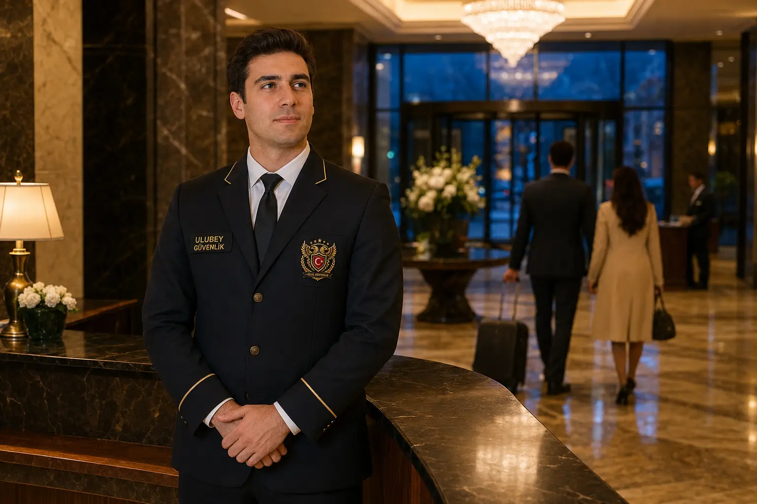 Otel ve turizm tesisi önünde görev yapan güvenlik personeli.